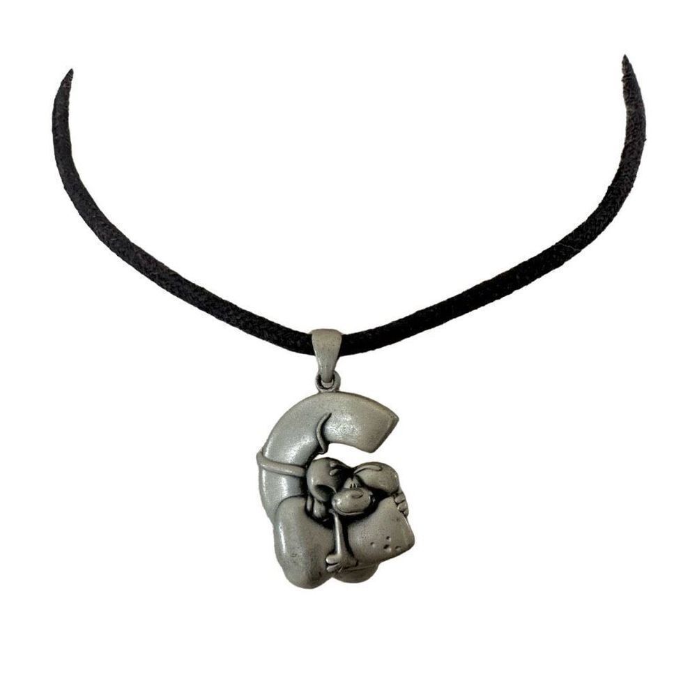 Silver tone cartoon dog on C pendant necklace on cord